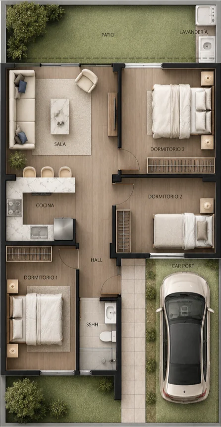 Plano de distribución Modelo B — 70 m²